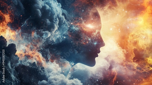 Abstract portrait of a woman's face with a cosmic background of nebulae and stars.