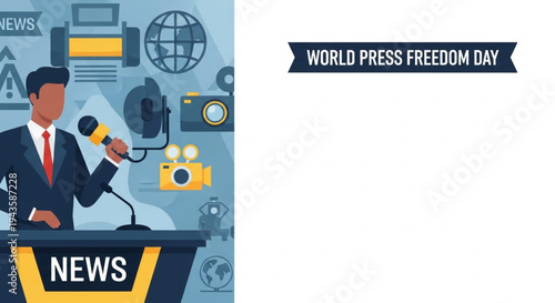 Press Freedom Awareness Banner with News Reporter and Broadcasting Equipment World Press Freedom Day Flat Vector