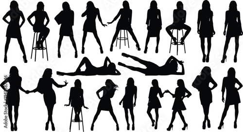 Female silhouette collection woman fashion poses standing sitting lying model elegant girl figure black silhouette isolated vector illustration set