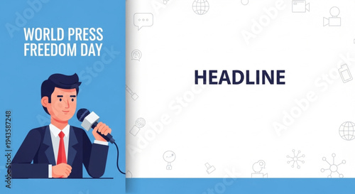 World Press Freedom Day Journalism Concept Vector Illustration with Reporter Holding Microphone and Global Media Symbols