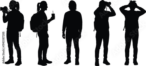 Female traveler silhouette set with backpack camera drink and binoculars isolated on white background, adventure tourism lifestyle people collection