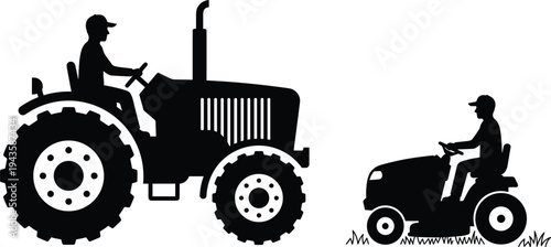 Farmer driving tractor and lawn mower silhouettes, agricultural machinery operators working on farm field illustration