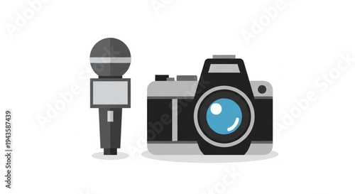 Broadcast Media and Journalism Equipment Vector Icon with Camera and Microphone for News Industry Concept