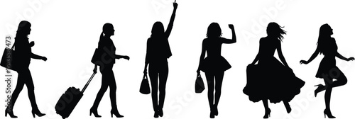 Fashion women silhouette collection vector, stylish female models walking posing with bags isolated on white background illustration set