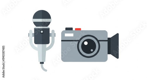 News Reporter Tools Concept with Microphone and Camera Journalism Media Communication Vector Icon