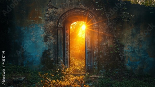 A stone archway with a wooden door leading to a bright, glowing light, surrounded by greenery and moss.
