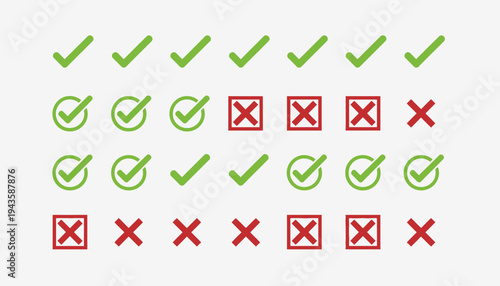 Checkmarks and crosses on a gray background.