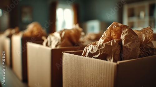 Close-up of cardboard boxes filled with crumpled brown packing paper, ready for moving or storage in a softly lit room.