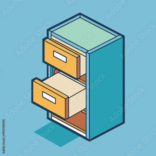 Isometric minimalist filing cabinet with an open drawer, vector illustration for organization