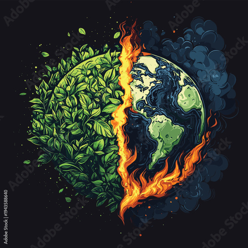 Planet earth divided half lush green life half burning fire and smoke , vector style simple color