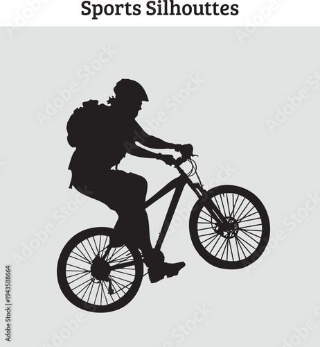 A silhouette of a cyclist wearing a helmet and backpack, performing a wheelie on a mountain bike. The pose suggests rugged terrain and skill