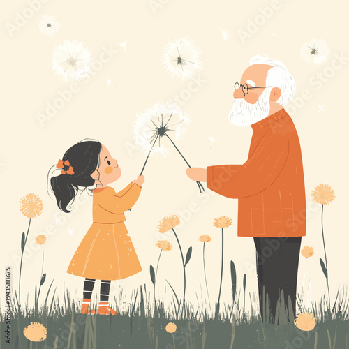 Joyful Grandfather and Granddaughter Blowing Dandelions Vector Illustration, Capturing Cherished Intergenerational Moments , vector style simple color