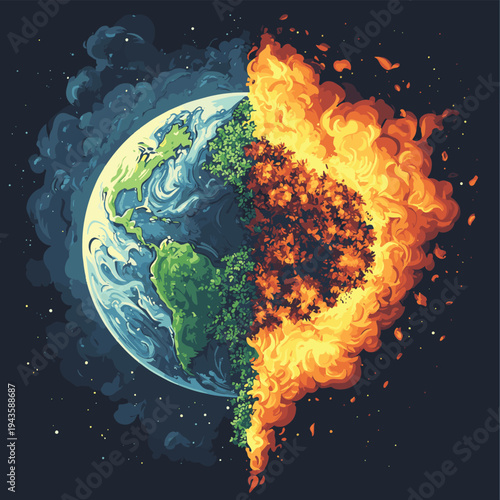 Planet earth divided half lush green life half burning fire and smoke , vector style simple color