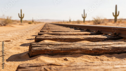 Tableau sur toile Low angle view of weathered railroad ties extending into desert landscape with bright harsh sunlight casting deep shadows, sharp focus on rough wood texture and sand grains, shallow depth of field
