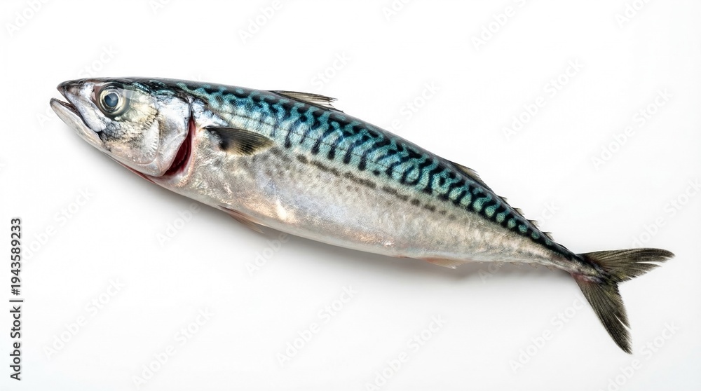 Fototapeta premium Fresh raw mackerel with silver scales and dark stripes, isolated on a clean white background.