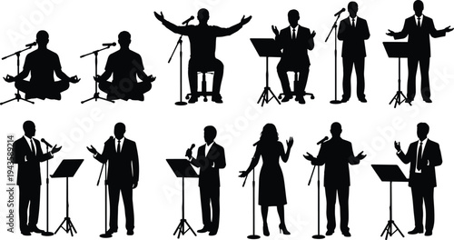 Black silhouette illustration of ten individuals speaking at microphones, podiums, and stands, symbolizing communication, presentation, performance, leadership, and creative artwork projects