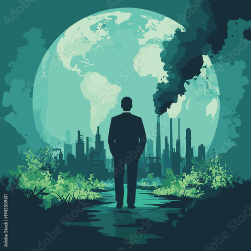 Businessman stopping industrial pollution and global warming concept with Earth globe, green nature and factory smoke