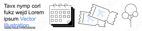 Event organization, scheduling, ticketing, celebration planning, time management, entertainment. A calendar, two tickets and balloons. Event organization and scheduling visualization