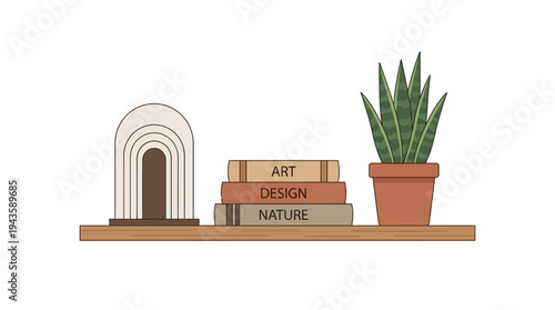 Minimalist shelf decor with a lamp books and green plant