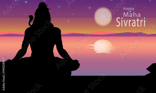 Lord Shiva meditating by a lake and a hill. Greeting card for Maha Shivratri, illustration.