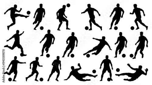 Football player silhouette collection with ball action poses