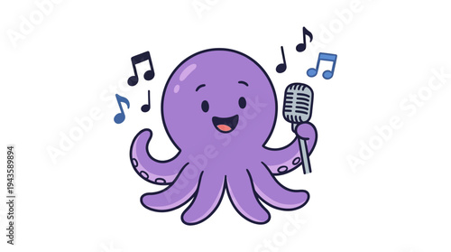 A cartoon octopus character sings into microphone with musical notes