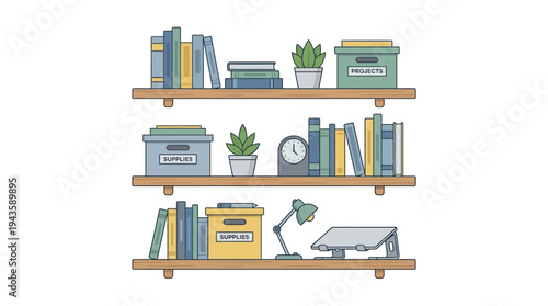 Flat design illustration of organized shelves for productive home office