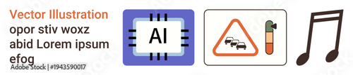 Artificial intelligence, road safety, weather monitoring, technology, machine learning, music . A microchip with AI, a thermometer with traffic sign and a musical note icon. Artificial intelligence
