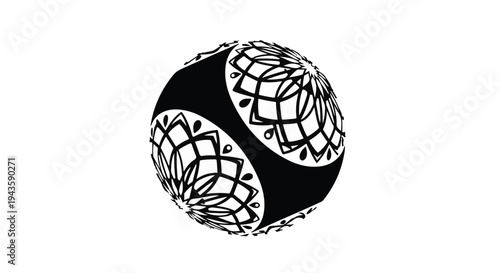 Abstract geometric sphere with intricate mandala patterns in black and white