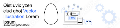 Education technology, online learning, software integration, digital tools, remote access, modern teaching methods. Desktop displaying LMS with icons and gears. Education technology and online