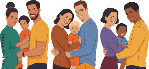 Digital illustration of five diverse family couples with children standing together, smiling warmly in modern minimalist style on white background