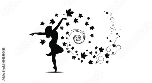 Graceful dancer silhouetted against a swirling vortex of autumn leaves, evoking movement and nature's beauty.