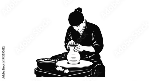 Focused artisan shaping clay on a pottery wheel, creating a vessel with skilled hands.