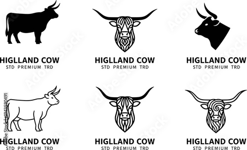 Highland cow logo collection, cattle head silhouette and line art farm animal emblem set, livestock branding flat vector illustration