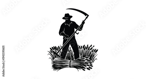 Farmer with scythe harvesting wheat at sunset, symbolizing tradition and nature's bounty