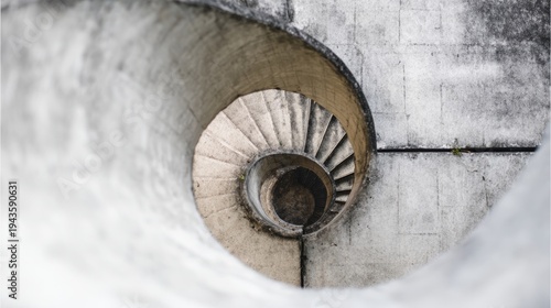 narrowing. Aerial view of a spiral staircase structure narrowing towards the top in minimalist concrete architecture. real-estate listings.
