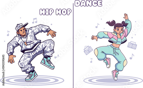 Hip hop dance performers showing street dance moves, male and female dancers with music vibe, modern culture, flat vector illustration