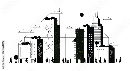 Futuristic cityscape blends modern architecture with sustainable green living