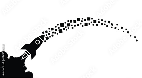 Rocket launching into space, leaving a trail of abstract digital particles behind.