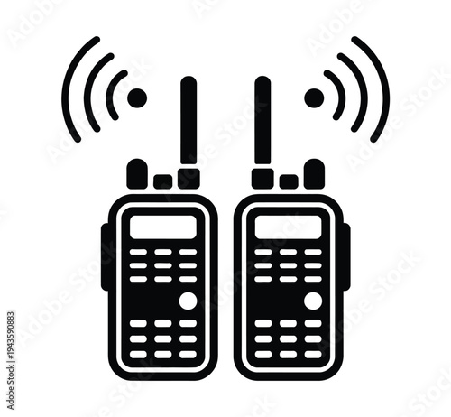 A graphic illustration of two walkie talkies with signal waves in black and white