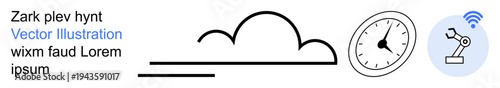 Technology, automation, cloud computing, time management, industrial processes, connectivity. A black outlined clock, cloud and robotic arm with a wireless signal icon. Automation and cloud