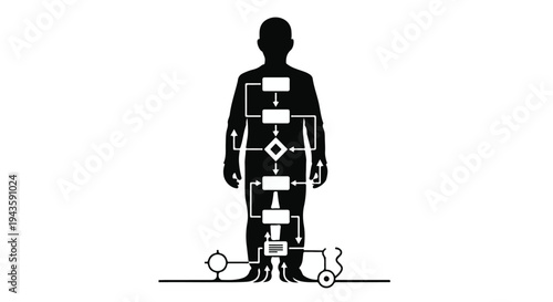 Abstract representation of human body with interconnected processes and systems visualized as a flowchart.