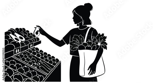 Silhouette of a woman choosing fresh produce at a grocery store with a reusable bag.
