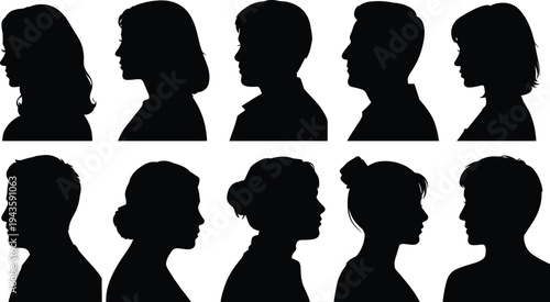 WebHuman head silhouette profiles, diverse people, male female faces, side view portraits, black outline heads, hairstyle variation, identity concept, psychology illustration