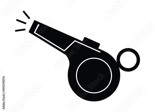 A black and white illustration of a referee whistle blowing loudly