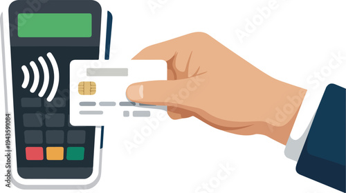 Human hand holding a white credit card for contactless payment transaction on a digital tablet screen terminal isolated on white background