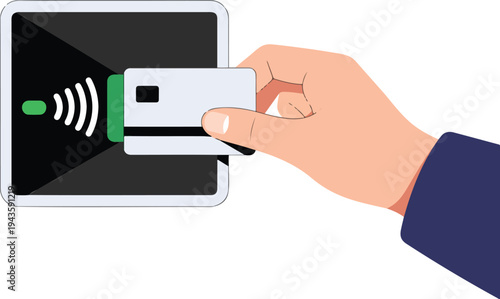 Human hand holding a white credit card for contactless payment transaction on a digital tablet screen terminal isolated on white background