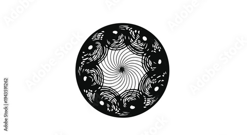Intricate black circular mandala with swirling center and decorative elements