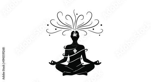 Silhouette meditating figure with swirling energy and light emanating from head