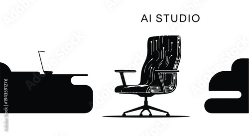 Futuristic office chair with integrated circuits and a laptop on a modern desk.